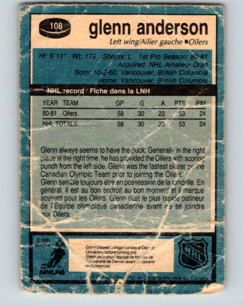 1981-82 O-Pee-Chee #108 Glenn Anderson  RC Rookie Edmonton Oilers  V11638