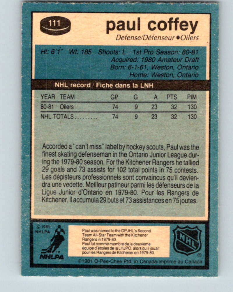1981-82 O-Pee-Chee #111 Paul Coffey  RC Rookie Edmonton Oilers  V11639
