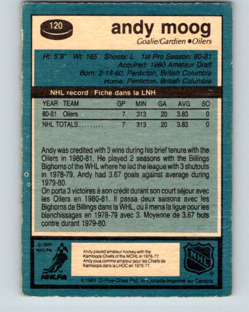 1981-82 O-Pee-Chee #120 Andy Moog  RC Rookie Edmonton Oilers  V11655