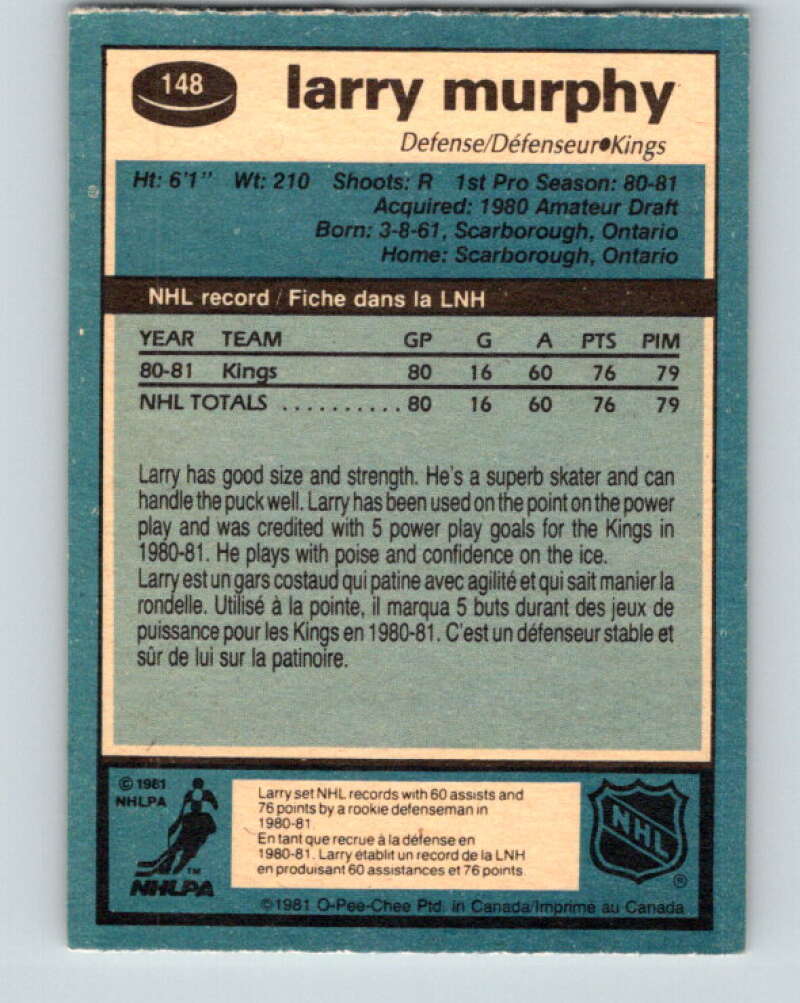 1981-82 O-Pee-Chee #148 Larry Murphy  RC Rookie Los Angeles Kings  V11659