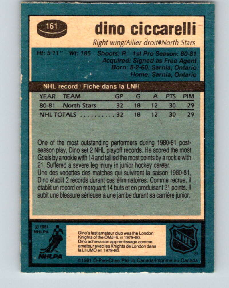 1981-82 O-Pee-Chee #161 Dino Ciccarelli  RC Rookie North Stars   V11672