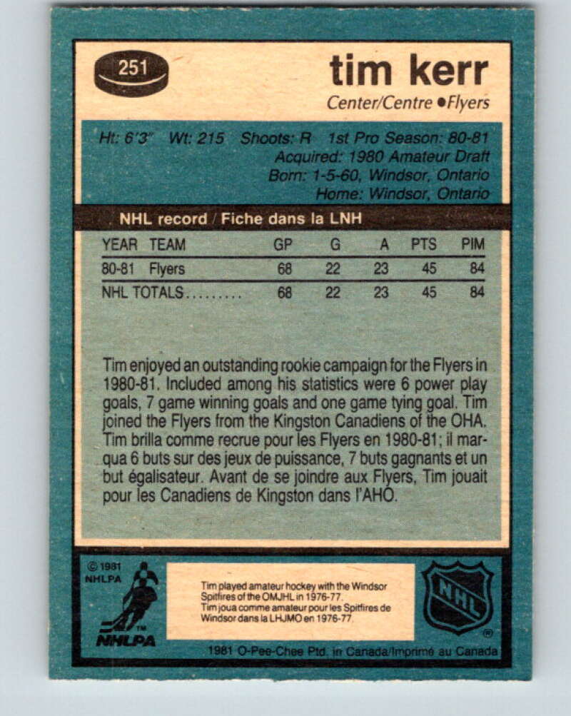 1981-82 O-Pee-Chee #251 Tim Kerr  RC Rookie Philadelphia Flyers  V11674