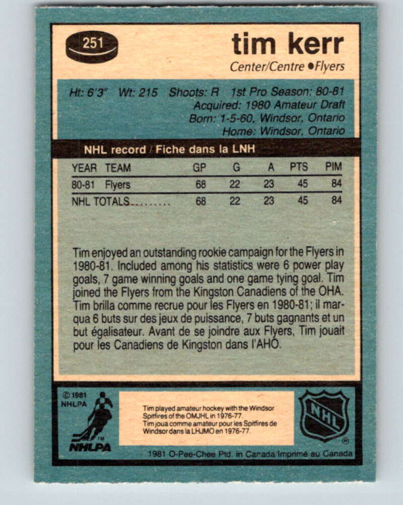1981-82 O-Pee-Chee #251 Tim Kerr  RC Rookie Philadelphia Flyers  V11677