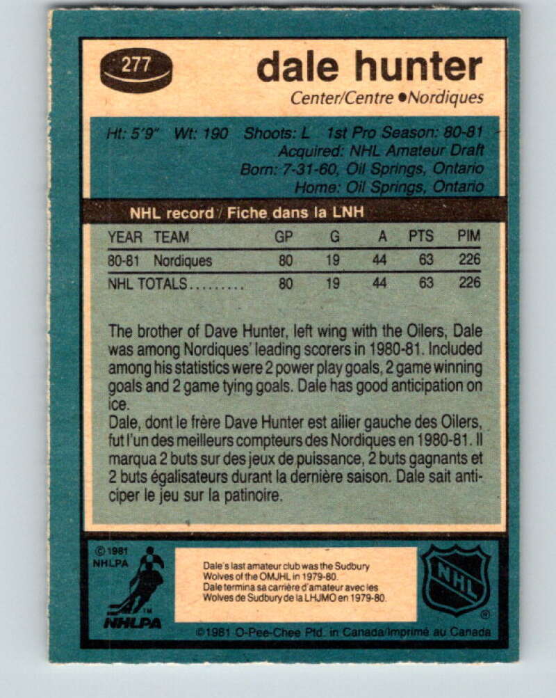 1981-82 O-Pee-Chee #277 Dale Hunter  RC Rookie Quebec Nordiques  V11693