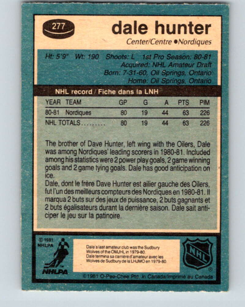 1981-82 O-Pee-Chee #277 Dale Hunter  RC Rookie Quebec Nordiques  V11696
