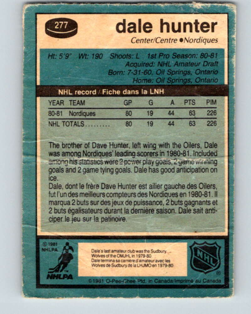 1981-82 O-Pee-Chee #277 Dale Hunter  RC Rookie Quebec Nordiques  V11697