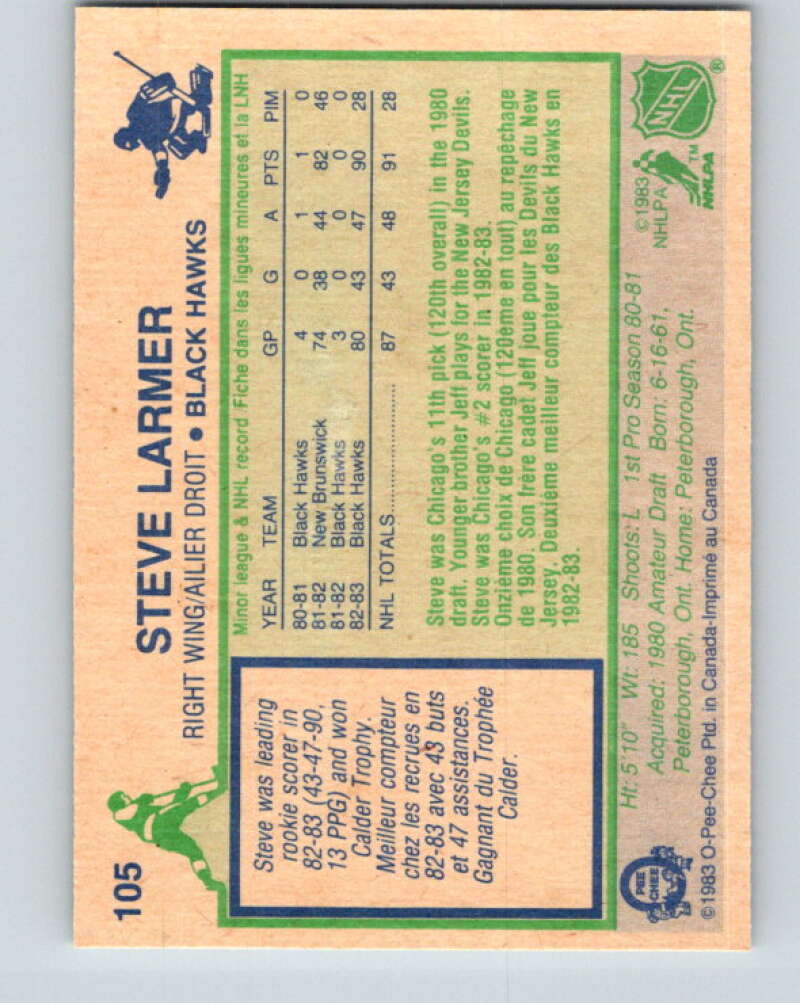 1983-84 O-Pee-Chee #105 Steve Larmer UER  RC Rookie  Blackhawks  V11710