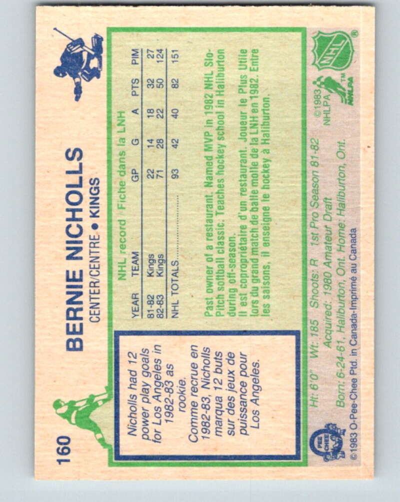 1983-84 O-Pee-Chee #160 Bernie Nicholls  RC Rookie Los Angeles Kings  V11713