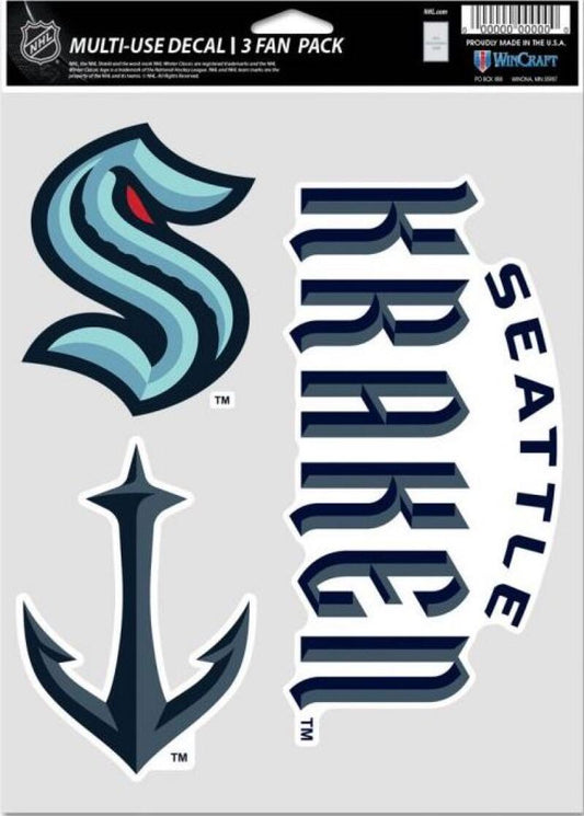 Seattle Kraken  Multi Use 3 Pack Fan Die Cut Decals 5.5" x 7.75"