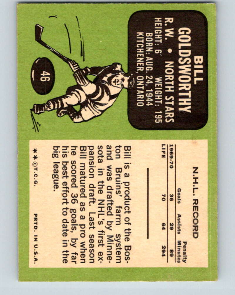 1970-71 Topps NHL #46 Bill Goldsworthy  Minnesota North Stars  V11752