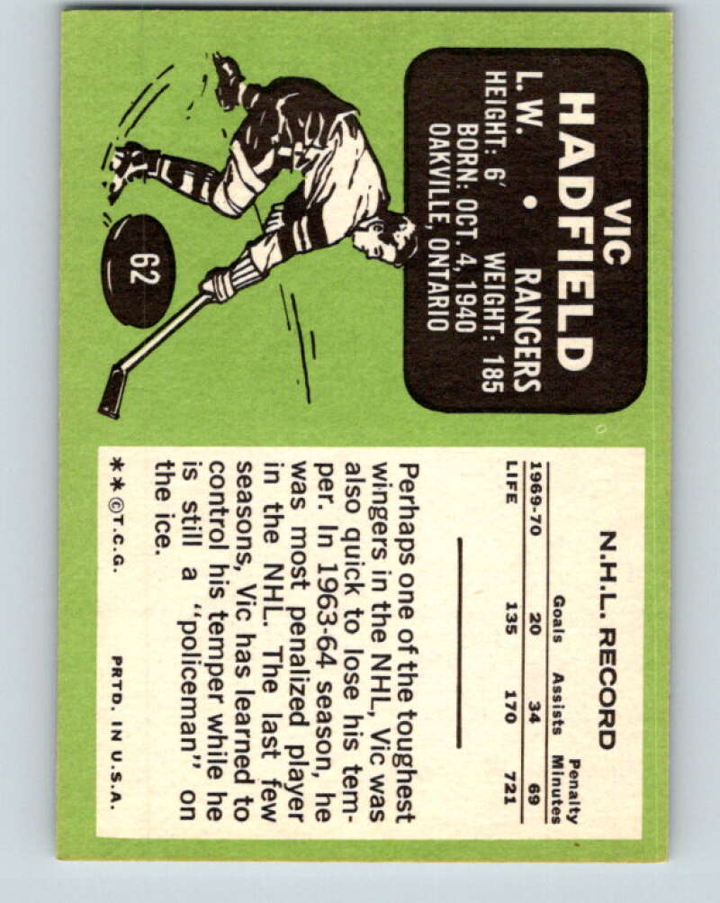 1970-71 Topps NHL #62 Vic Hadfield  New York Rangers  V11757