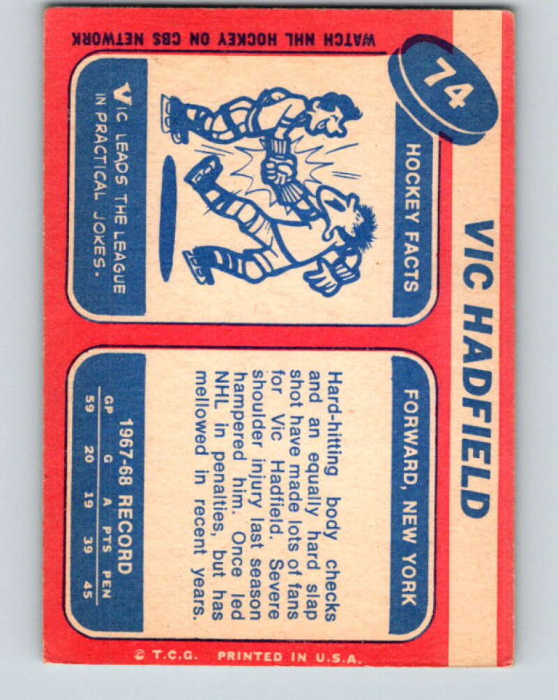 1968-69 Topps NHL #74 Vic Hadfield  New York Rangers  V11801
