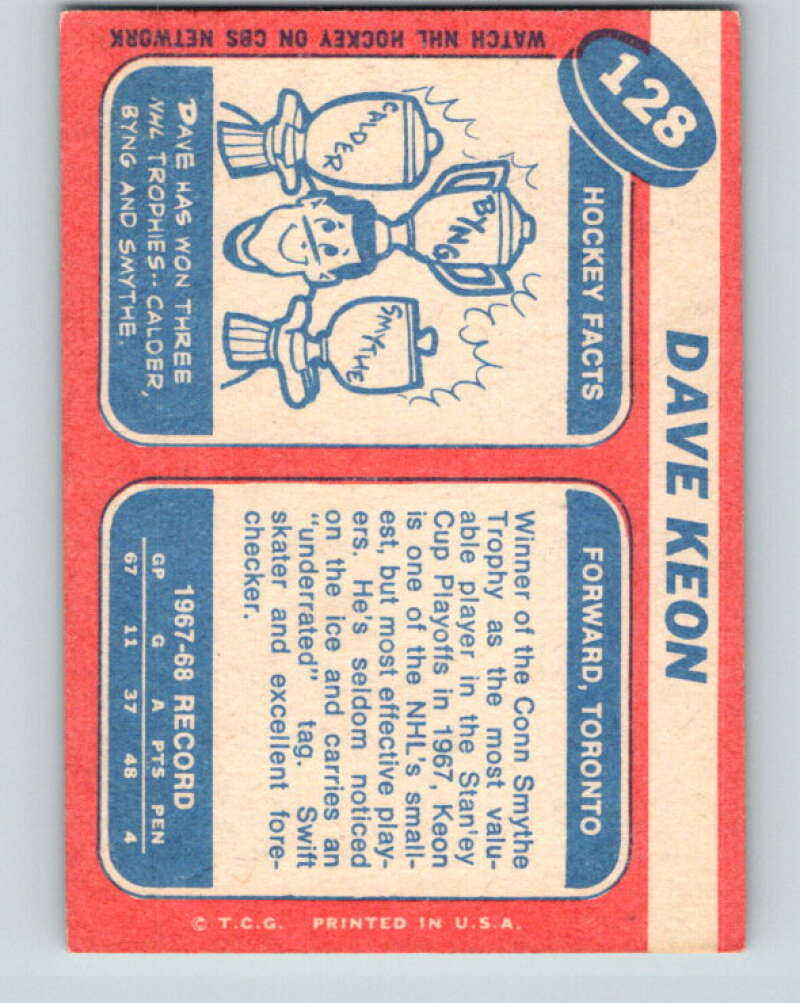 1968-69 Topps NHL #128 Dave Keon  Toronto Maple Leafs  V11821