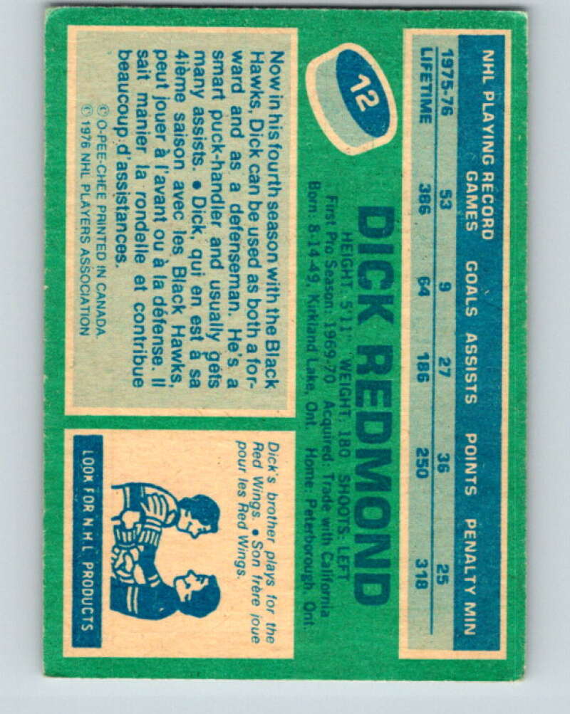 1976-77 O-Pee-Chee #12 Dick Redmond  Chicago Blackhawks  V11902