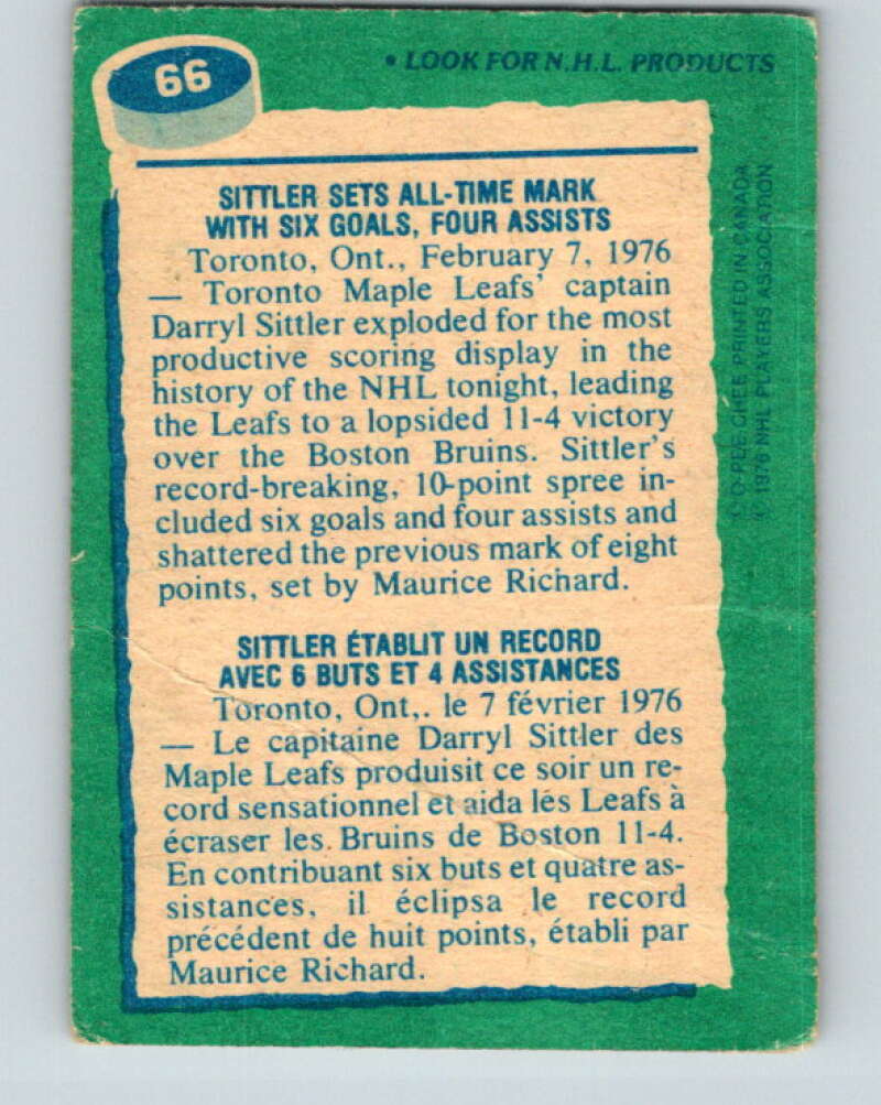 1976-77 O-Pee-Chee #66 Darryl Sittler RB  Toronto Maple Leafs  V12454