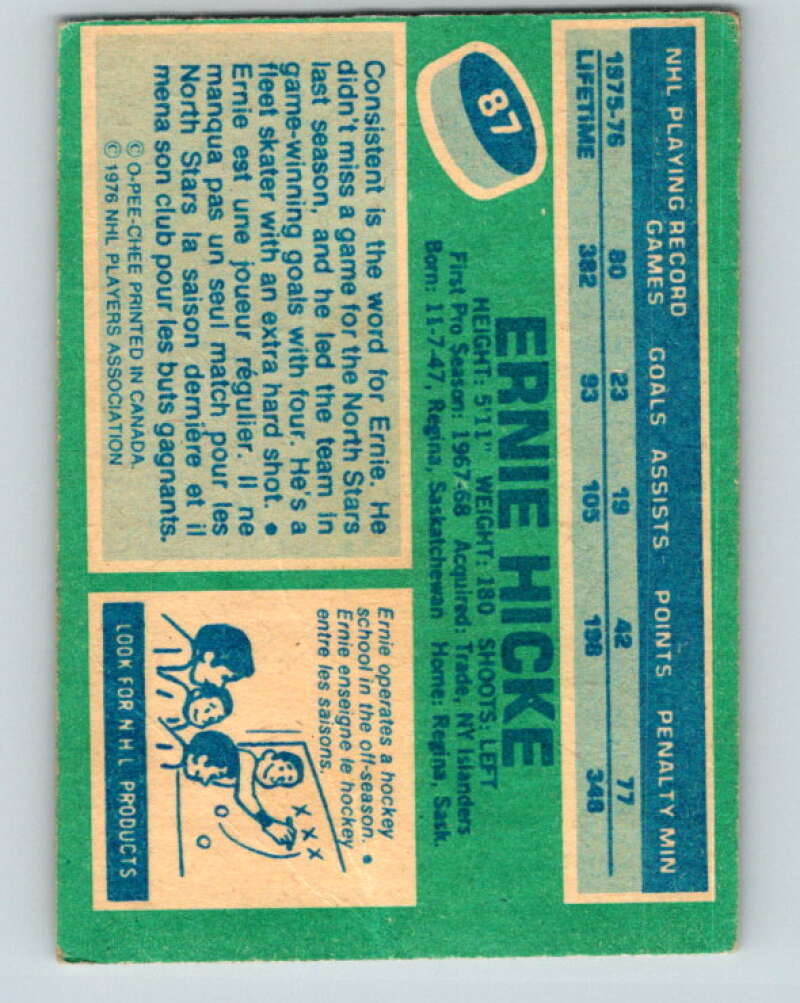 1976-77 O-Pee-Chee #87 Ernie Hicke  Minnesota North Stars  V12517