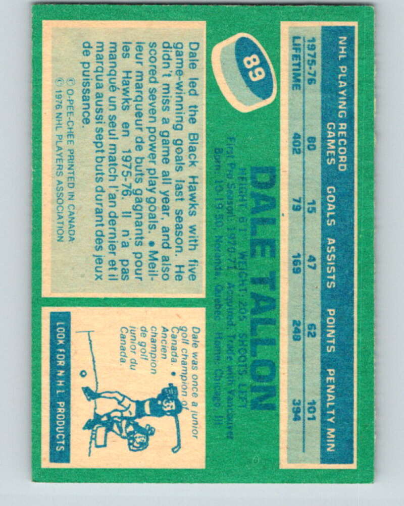1976-77 O-Pee-Chee #89 Dale Tallon  Chicago Blackhawks  V12527