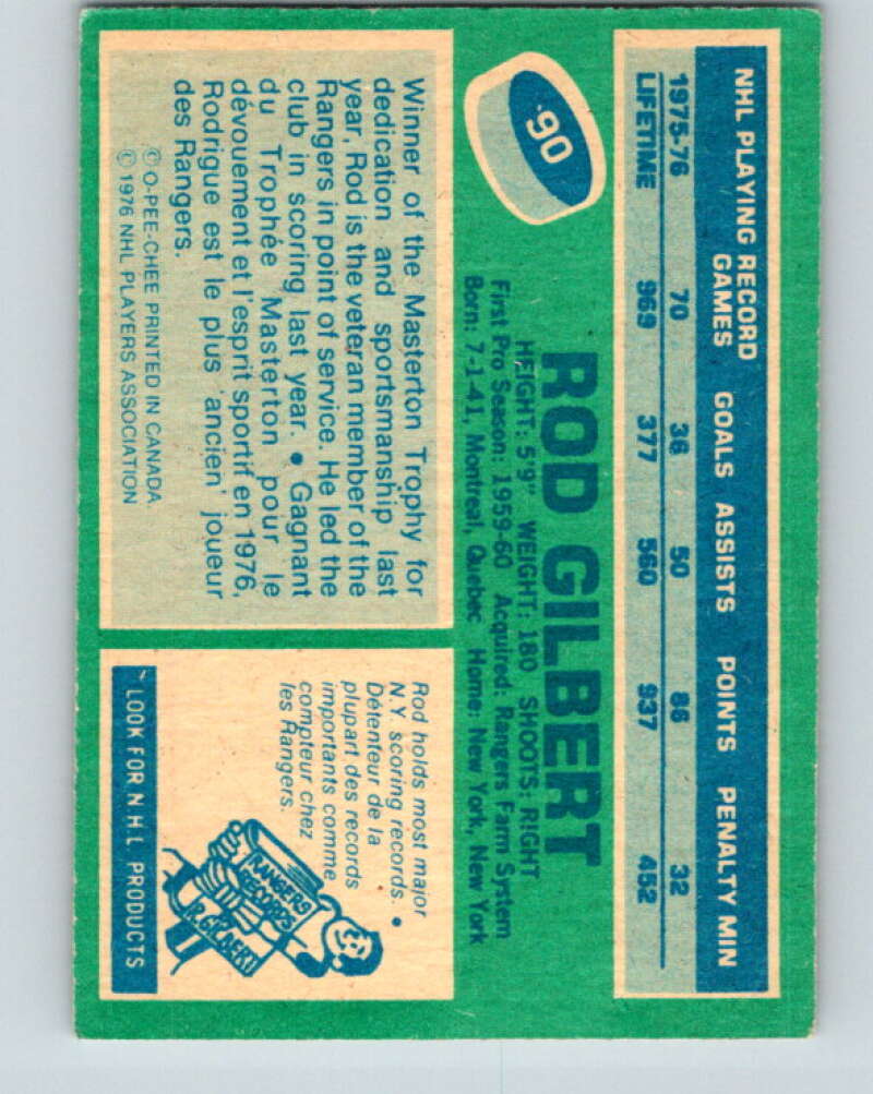 1976-77 O-Pee-Chee #90 Rod Gilbert  New York Rangers  V12529