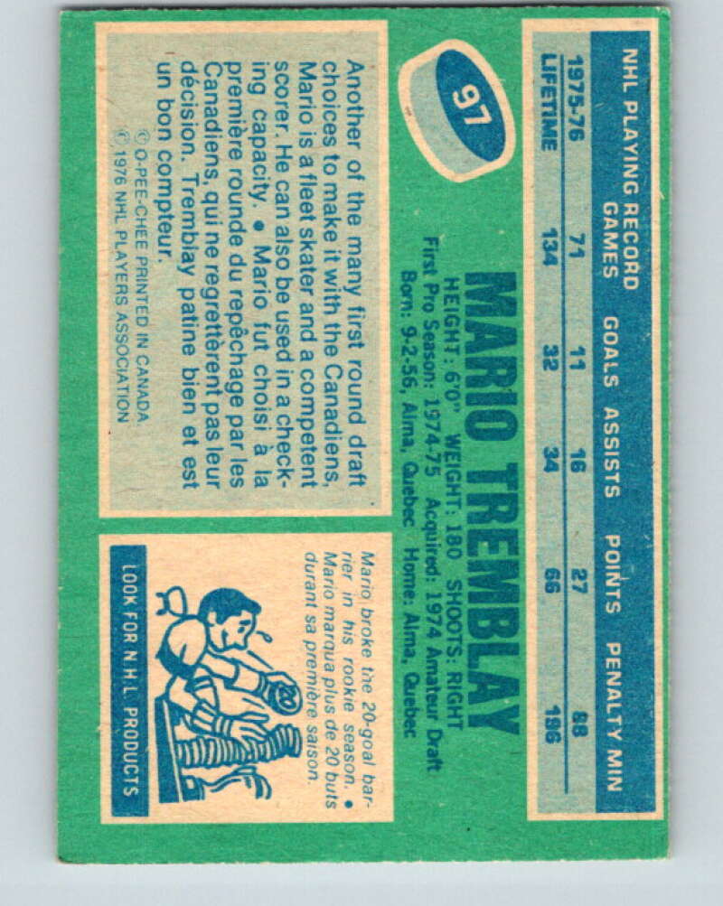 1976-77 O-Pee-Chee #97 Mario Tremblay  Montreal Canadiens  V12547