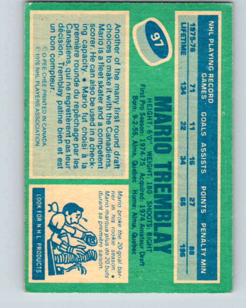 1976-77 O-Pee-Chee #97 Mario Tremblay  Montreal Canadiens  V12549