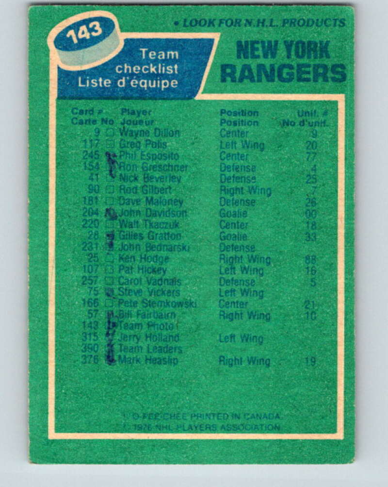 1976-77 O-Pee-Chee #143 New York Rangers CL   V12082