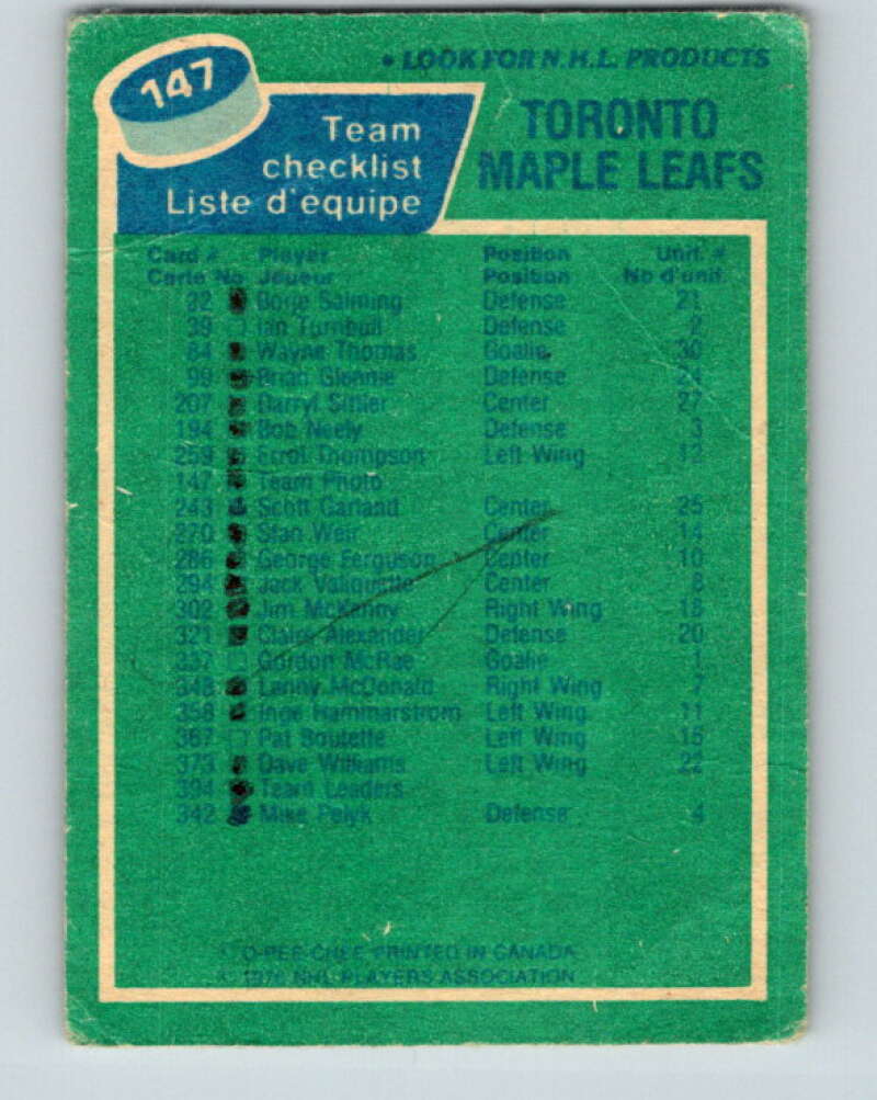1976-77 O-Pee-Chee #147 Toronto Maple Leafs CL  V12101