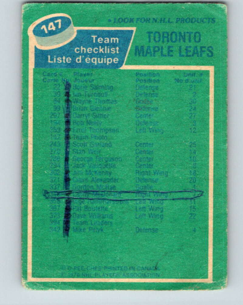 1976-77 O-Pee-Chee #147 Toronto Maple Leafs CL  V12102