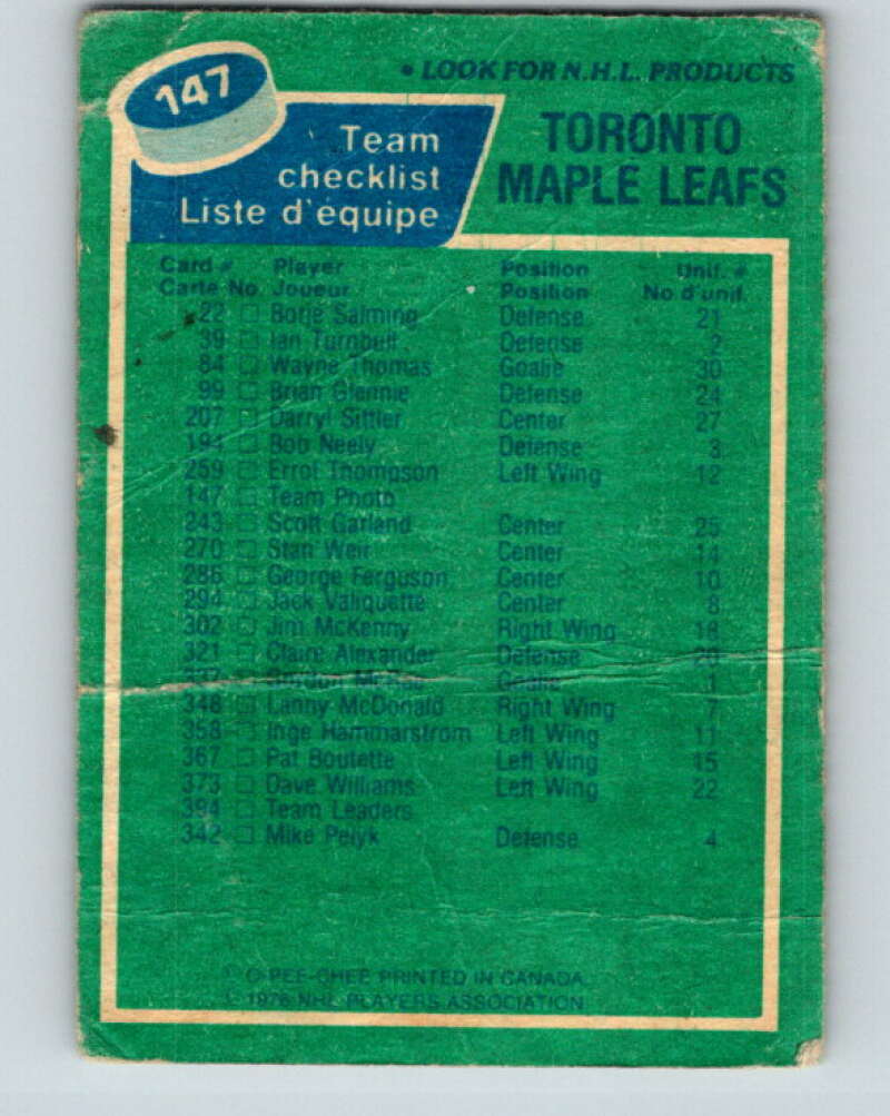 1976-77 O-Pee-Chee #147 Toronto Maple Leafs CL  V12106
