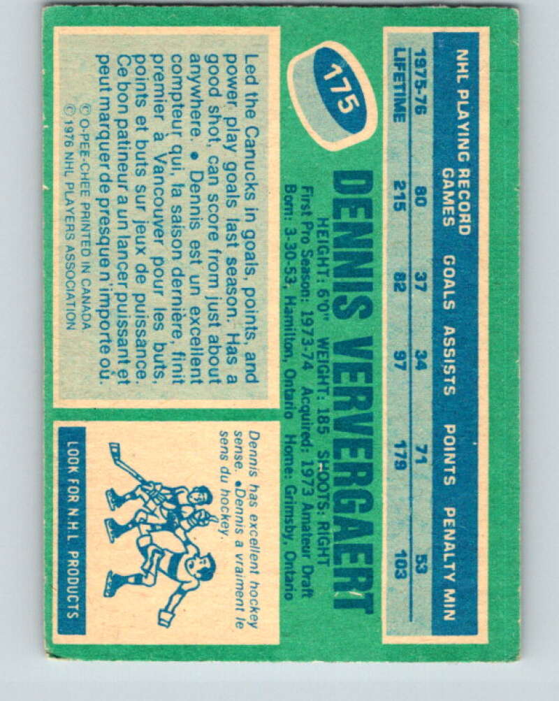 1976-77 O-Pee-Chee #175 Dennis Ververgaert  Vancouver Canucks  V12209