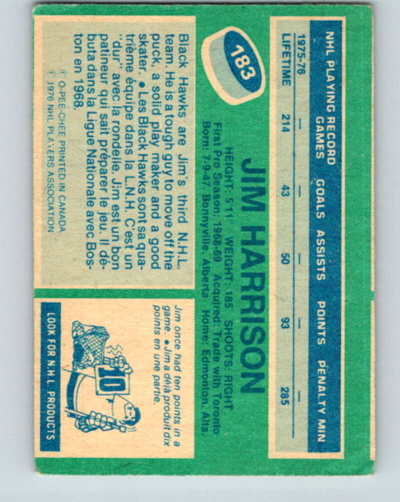 1976-77 O-Pee-Chee #183 Jim Harrison  Chicago Blackhawks  V12226
