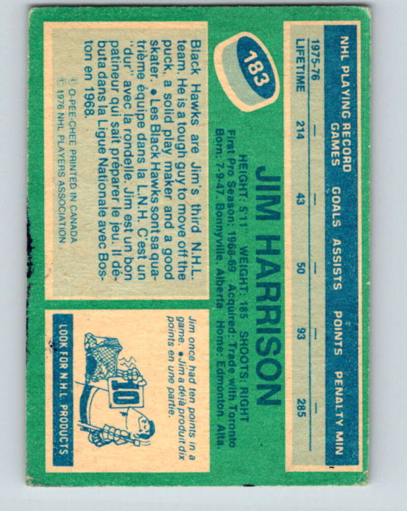 1976-77 O-Pee-Chee #183 Jim Harrison  Chicago Blackhawks  V12227