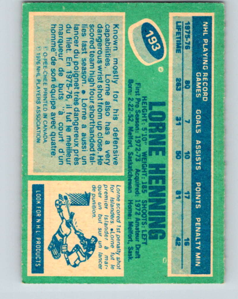 1976-77 O-Pee-Chee #193 Lorne Henning  New York Islanders  V12263