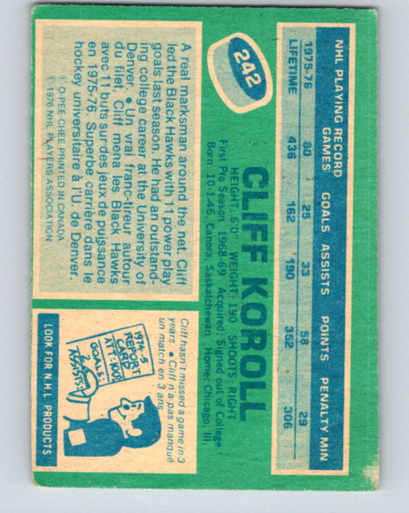 1976-77 O-Pee-Chee #242 Cliff Koroll  Chicago Blackhawks  V12390