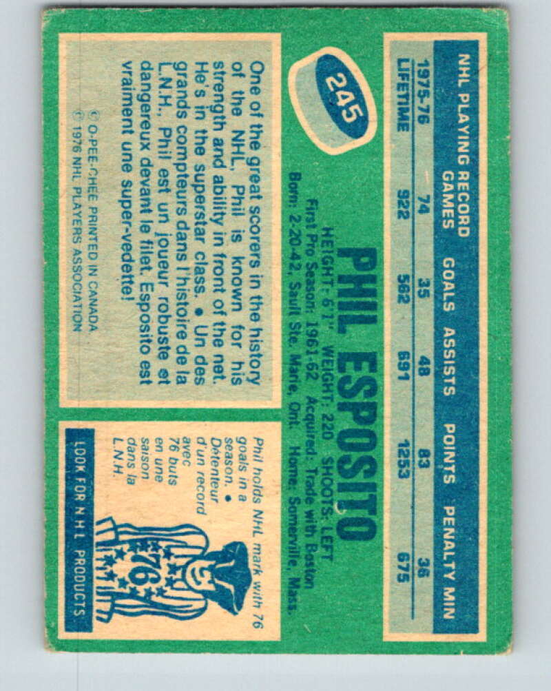 1976-77 O-Pee-Chee #245 Phil Esposito  New York Rangers  V12402