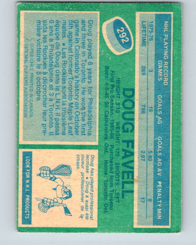 1976-77 O-Pee-Chee #292 Doug Favell  Colorado Rockies  V12731