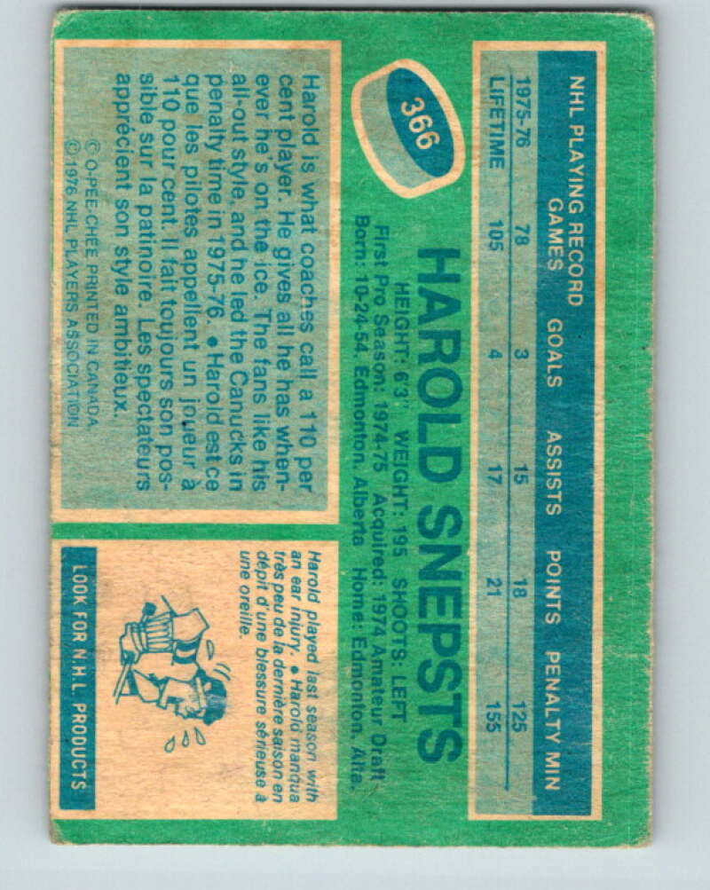 1976-77 O-Pee-Chee #366 Harold Snepsts  Vancouver Canucks  V12886