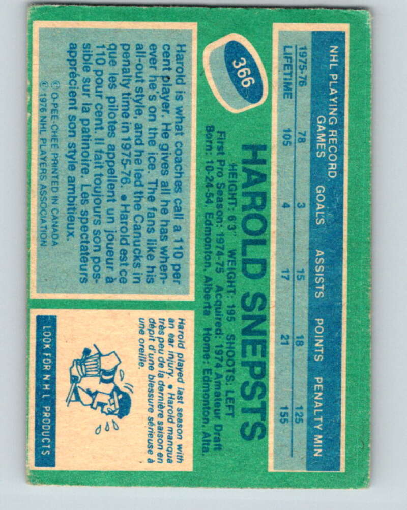 1976-77 O-Pee-Chee #366 Harold Snepsts  Vancouver Canucks  V12889