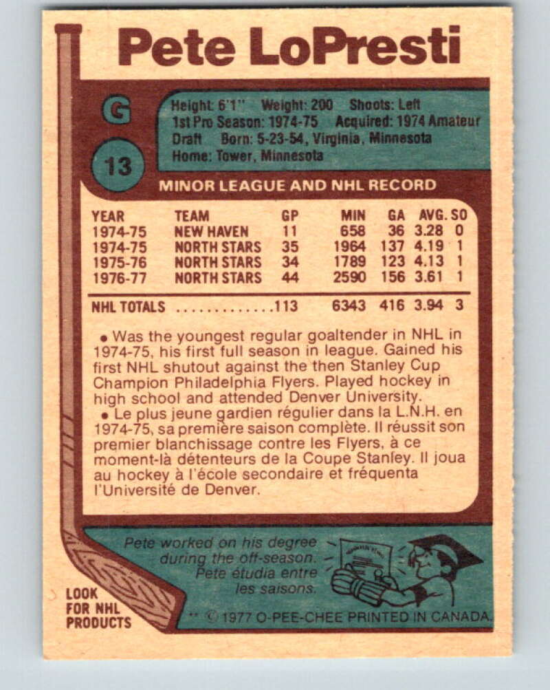1977-78 O-Pee-Chee #13 Pete LoPresti  Minnesota North Stars  V12994