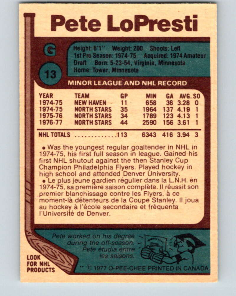 1977-78 O-Pee-Chee #13 Pete LoPresti  Minnesota North Stars  V12997