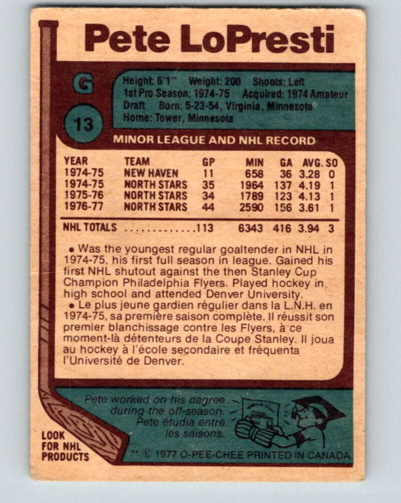 1977-78 O-Pee-Chee #13 Pete LoPresti  Minnesota North Stars  V13001