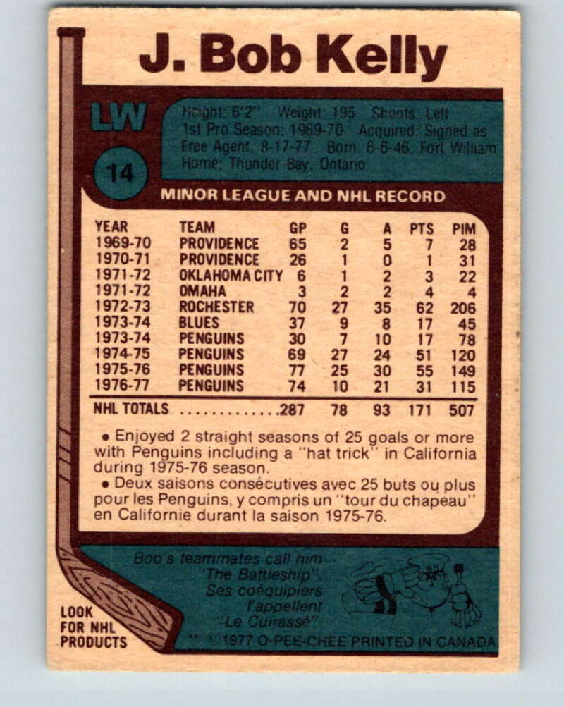 1977-78 O-Pee-Chee #14 J. Bob Kelly  Chicago Blackhawks  V13007