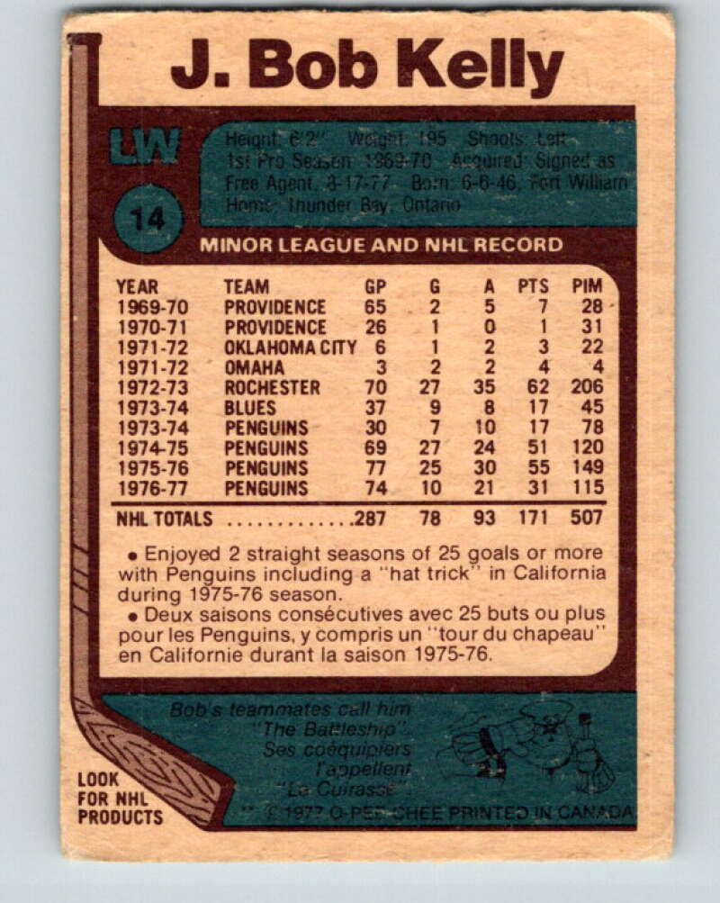 1977-78 O-Pee-Chee #14 J. Bob Kelly  Chicago Blackhawks  V13008