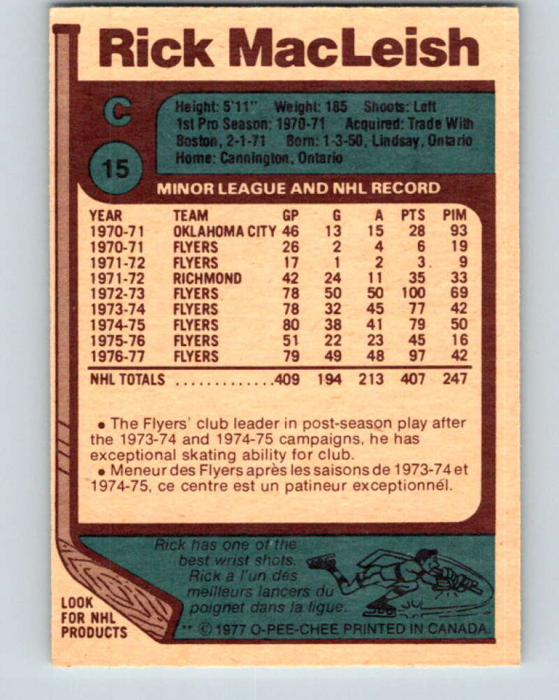 1977-78 O-Pee-Chee #15 Rick MacLeish  Philadelphia Flyers  V13011