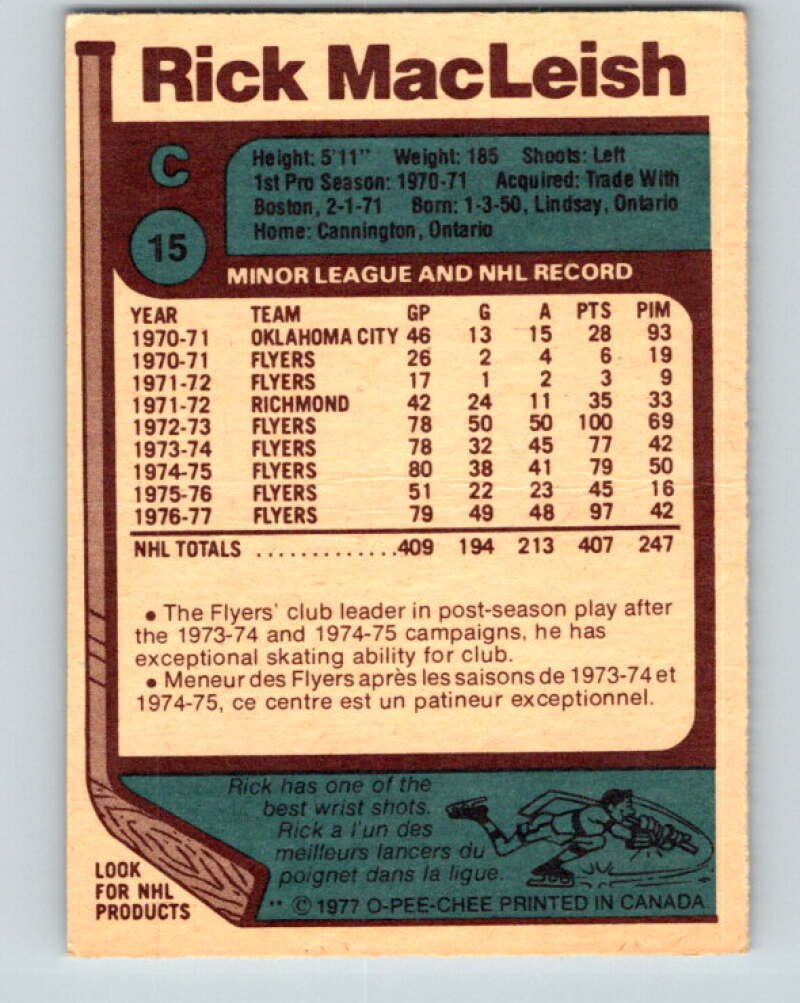 1977-78 O-Pee-Chee #15 Rick MacLeish  Philadelphia Flyers  V13015