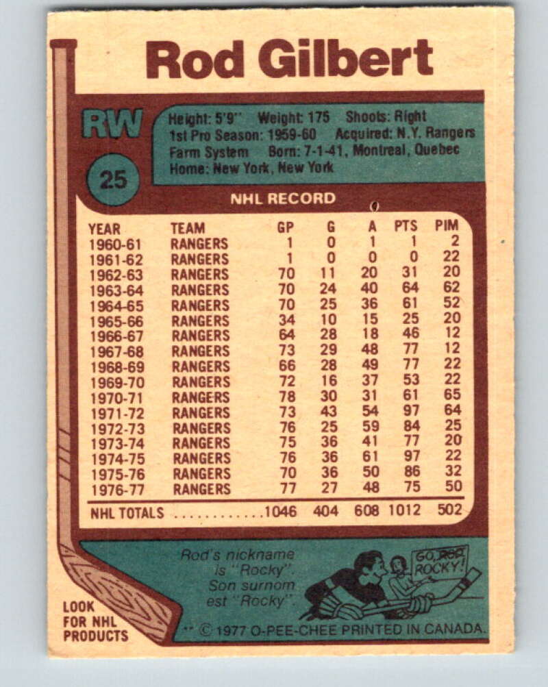 1977-78 O-Pee-Chee #25 Rod Gilbert  New York Rangers  V13082