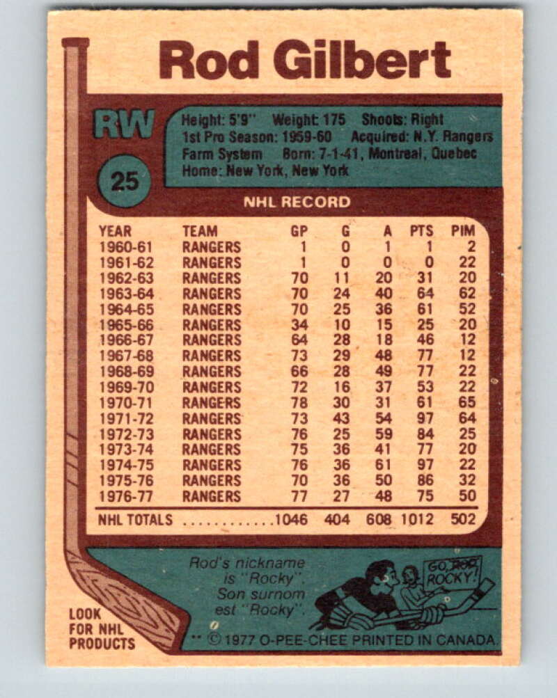 1977-78 O-Pee-Chee #25 Rod Gilbert  New York Rangers  V13085