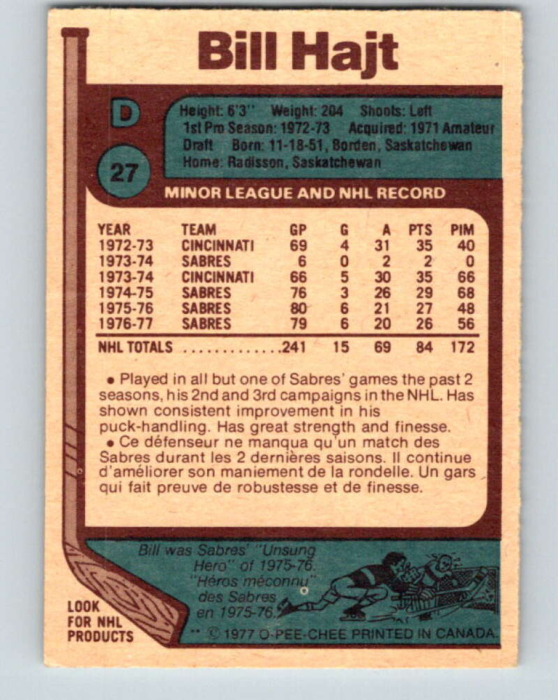 1977-78 O-Pee-Chee #27 Bill Hajt  Buffalo Sabres  V13095