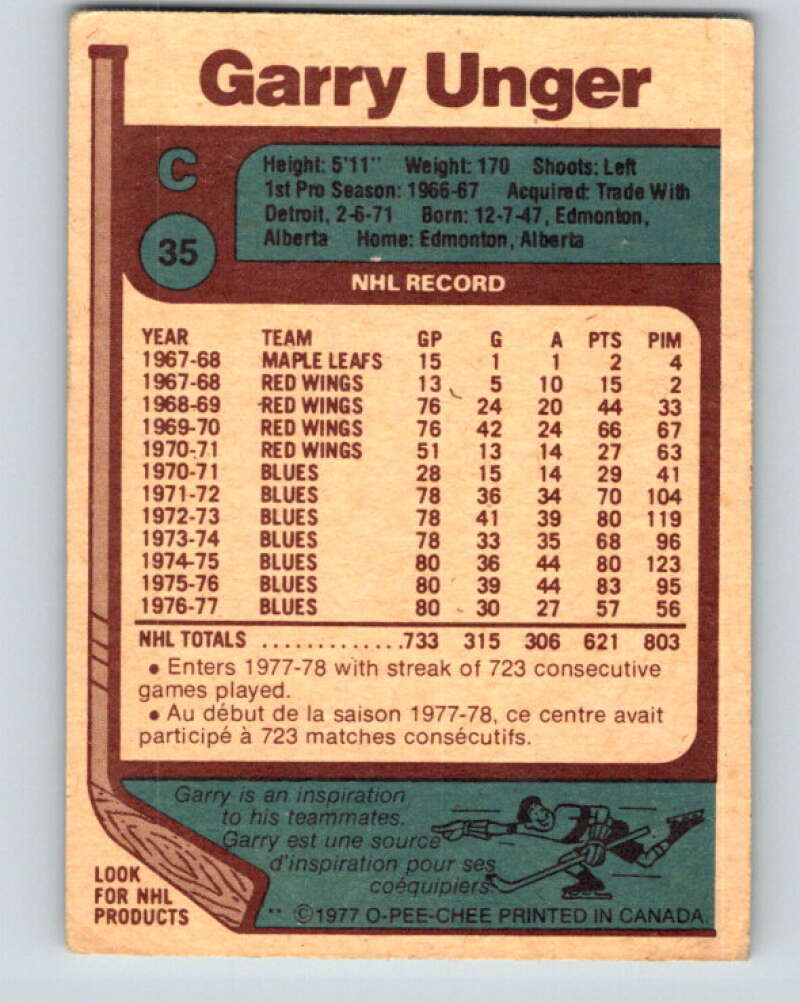 1977-78 O-Pee-Chee #35 Garry Unger  St. Louis Blues  V13156