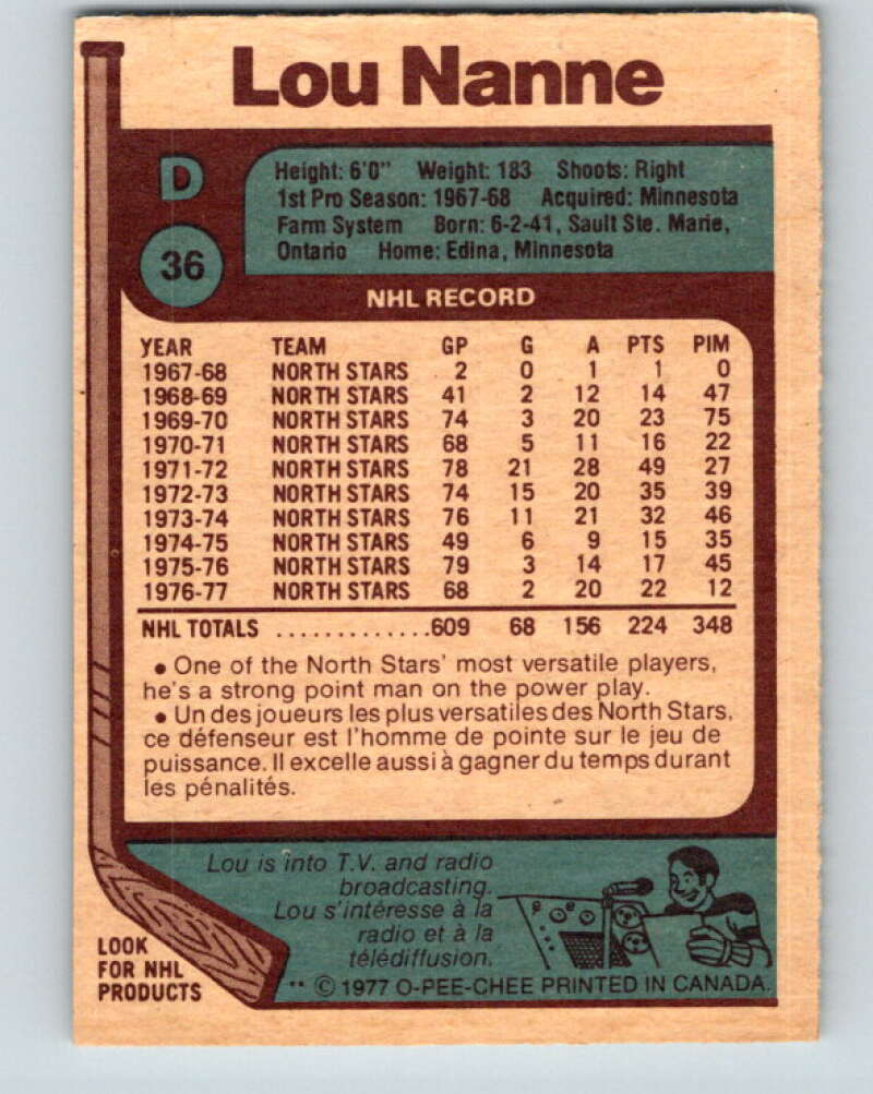 1977-78 O-Pee-Chee #36 Lou Nanne  Minnesota North Stars  V13158