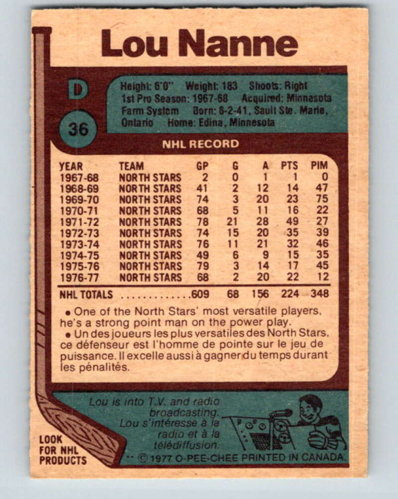 1977-78 O-Pee-Chee #36 Lou Nanne  Minnesota North Stars  V13159